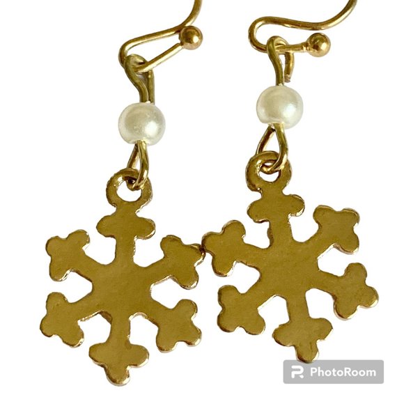Snowflake Earrings Gold Plated Pearl White Glass Beads Christmas Winter Snow - Picture 2 of 12